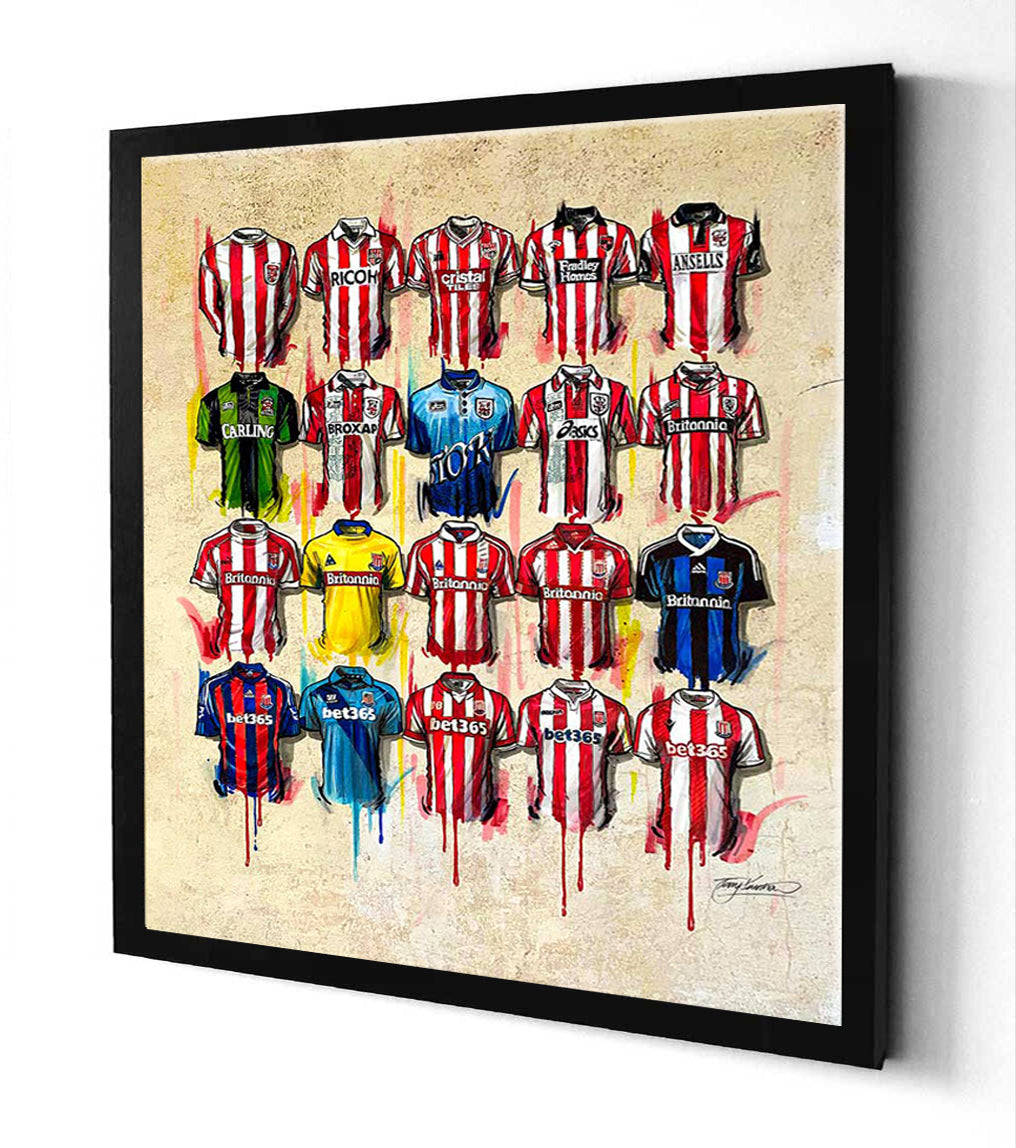 These canvases from Terry Kneeshaw feature Stoke City artwork in 20x20 canvases. The artwork is available framed or unframed, with a black floating frame option. The canvases showcase the team's history and achievements, making them the perfect addition to any Stoke City fan's collection.