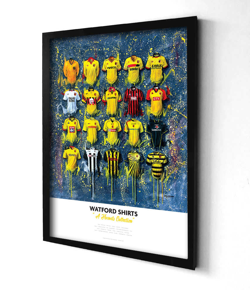 A limited edition A2 print by artist Terry Kneeshaw, featuring 16 iconic jerseys from the history of the Watford football team. The jerseys are arranged in a 5x4 grid pattern and are labeled with the corresponding year and design. The artwork has a vintage feel, with muted colors and a slightly distressed texture. The jerseys include classic designs such as the yellow and black striped shirt and the predominantly red shirt with a black stripe, as well as recent designs. Perfect for any Watford fan.
