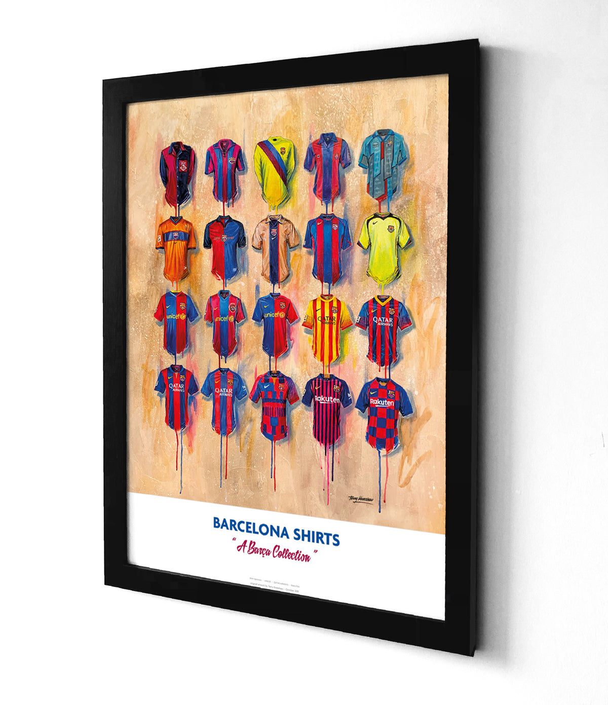 Artwork by Terry Kneeshaw depicting a collection of twenty iconic Barcelona football jerseys worn by the club's legends throughout their history. The jerseys feature the club's crest and kit manufacturer and sponsor logos on the front. The artwork is a high-quality print of a hand-painted original, which uses textured brushstrokes to create a dynamic effect. The print is available in A2 size as a limited edition.