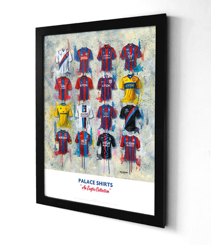 Artwork by Terry Kneeshaw featuring 16 iconic Crystal Palace jerseys worn by the club's legends throughout their history. The jerseys are predominantly red and blue with yellow accents, featuring the Crystal Palace crest, kit manufacturer, and shirt sponsor logos on the front. The artwork is a high-quality print of a hand-painted original, which uses textured brushstrokes to create a dynamic effect. It is available in an A2 size format and is a limited edition print.