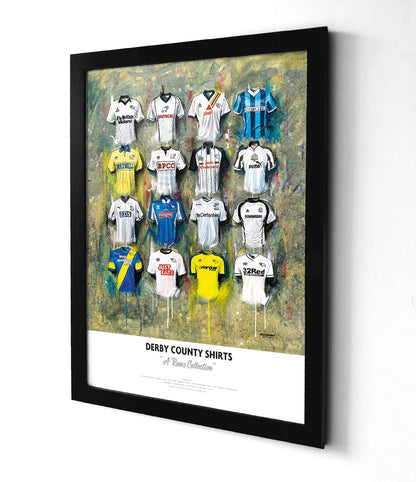 The Derby County Personalised A2 limited edition print by Terry Kneeshaw features 16 iconic jerseys. The artwork showcases the team's history with personalized details such as the name of the recipient and their preferred squad number. The design includes jerseys worn by club legends such as Steve Bloomer, Roy McFarland, and Dean Saunders. This limited edition print is a perfect gift for any Derby County fan looking to celebrate the team's rich history and tradition.