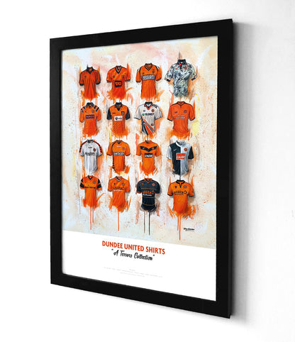 A high-quality print of a hand-painted original artwork by Terry Kneeshaw featuring 16 iconic Dundee United football jerseys worn by the club's legends throughout their history. The jerseys are predominantly tangerine with black accents and feature the Dundee United crest and shirt sponsor logos on the front. The artwork uses textured brushstrokes to create a dynamic effect and is available in an A2 size format, with options for framed or unframed versions.