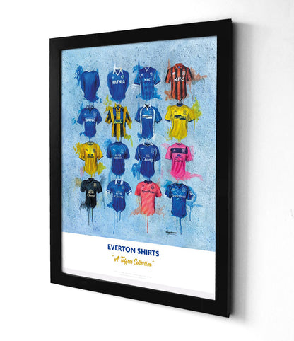 A limited edition A2 print by Terry Kneeshaw featuring 16 iconic Everton football jerseys worn by the club's legends throughout their history. The kits feature predominantly blue with white or yellow accents, and showcase the Everton crest and kit manufacturer and sponsor logos on the front. The artwork is a high-quality print of a hand-painted original, which uses textured brushstrokes to create a dynamic effect.