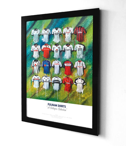 This Fulham team shirts personalized A2 limited edition print by Terry Kneeshaw features 16 iconic jerseys from the club's history. The artwork showcases the different designs and colors of the team's jerseys, from classic to modern. This print is perfect for any Fulham fan who wants to celebrate the club's rich history and display their love for the team. The print is limited edition and comes in A2 size, making it an excellent addition to any football memorabilia collection.