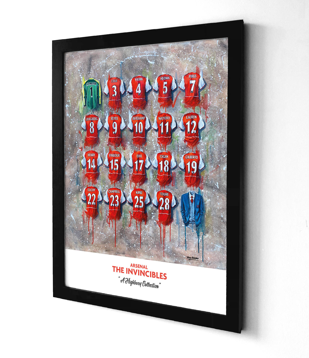 A limited edition A2 size print by Terry Kneeshaw, featuring 20 iconic jerseys from Arsenal's unbeaten 2003-2004 season, known as the Invincibles. The jerseys include the iconic red and white stripes, the Highbury crest, and the names of players like Thierry Henry, Dennis Bergkamp, and Robert Pires. This personalized print makes a great addition to any Arsenal fan's collection.