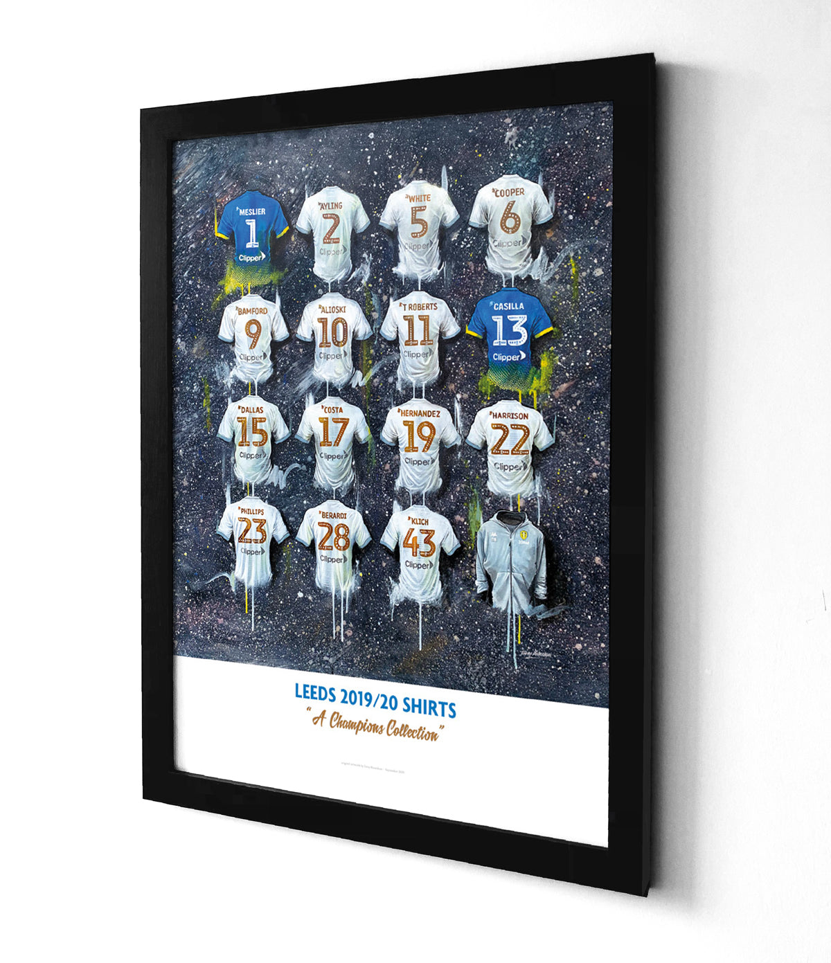 A limited edition print by Terry Kneeshaw featuring 16 iconic Leeds United football jerseys celebrating their championship-winning season. The print is size A2 and shows the jerseys from different eras arranged in a grid pattern against a white background. The jerseys include the iconic yellow and blue kit worn by the team during the 1970s, as well as the current white and blue strip with blue and yellow accents. The print is a celebration of Leeds United's history and achievements.