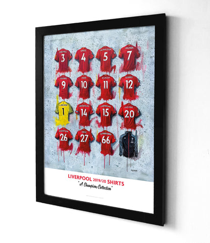 This is a personalised A2 limited edition print artwork by Terry Kneeshaw featuring 16 iconic Liverpool jerseys. The artwork showcases the team's championship winning kits from the 2020/21 season. This print celebrates the team's rich history. This unique piece can be personalised with your name and favorite number on the back of one of the jerseys.