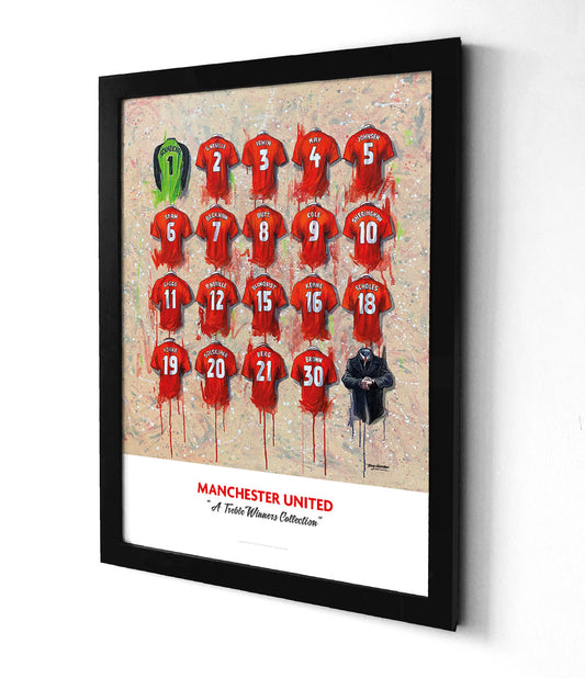 This personalised A2 limited edition print artwork by Terry Kneeshaw features 20 iconic jerseys of the legendary Manchester United Treble Winners team. The print depicts the jerseys of notable players such as Ryan Giggs, David Beckham, and Ole Gunnar Solskjaer from the iconic 1998/99 season, where they won the Premier League, FA Cup, and Champions League. Each jersey is personalised with the name and number of your choice, making this artwork a must-have for any Manchester United fan.