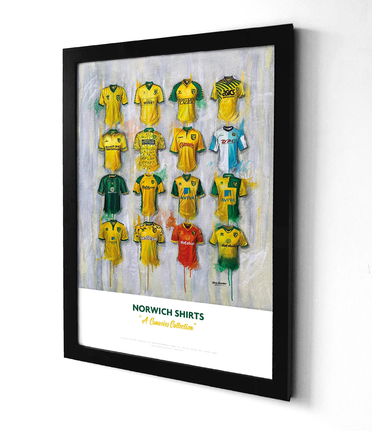 The alt text for the Norwich artwork by Terry Kneeshaw, which features 16 iconic jerseys in an A2 limited edition print, could be: "A colourful and vibrant artwork featuring 16 Norwich jerseys throughout the years, including the classic yellow and green design. The jerseys are arranged in a grid pattern on an A2 limited edition print, showcasing the team's evolution over time.