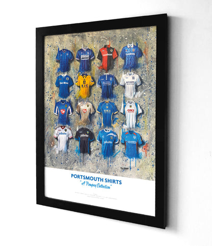 The jerseys are arranged in a symmetrical grid pattern, with each one labelled with the corresponding year and design. The artwork has a vintage feel, with muted colours and a slightly distressed texture. The jerseys feature a mix of blue and white stripes, blue with white sleeves, and white with blue and red accents, showcasing the team's design evolution over time. This print would be a great addition to any Portsmouth fan's collection.