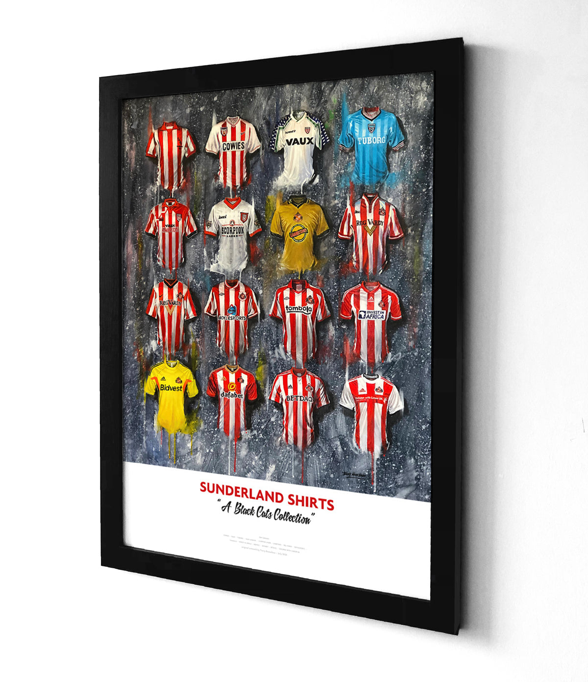 A limited edition A2 print by artist Terry Kneeshaw, featuring 16 iconic jerseys from the history of the Sunderland football team. The jerseys are arranged in a 4x4 grid pattern and are labeled with the corresponding year and design. The artwork has a vintage feel, with muted colors and a slightly distressed texture. The jerseys include classic designs such as the red and white striped shirt and the predominantly red shirt with a black stripe, as well as recent designs. Perfect for any Sunderland fan.