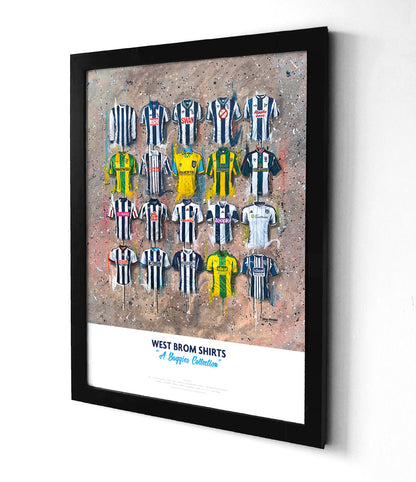 A limited edition A2 print by artist Terry Kneeshaw, featuring 16 iconic jerseys from the history of the West Bromwich Albion football team. The jerseys are labeled with the corresponding year and design. The artwork has a vintage feel, with muted colors and a slightly distressed texture. The jerseys include classic designs such as the blue and white striped shirt and the predominantly white shirt with blue sleeves, as well as recent designs. Perfect for any West Brom fan.
