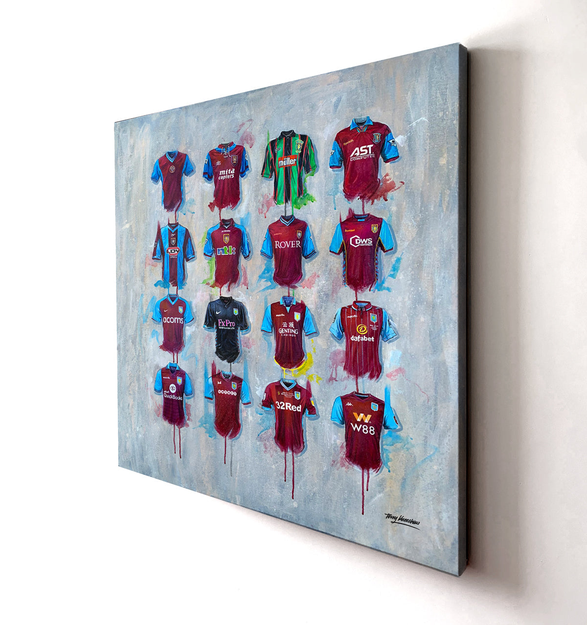 Aston Villa Canvases by Terry Kneeshaw are a collection of impressive artworks that come in various sizes, including 20x20, 30x30, and 40x40. Each canvas is available in either a framed or unframed black floating frame. The artwork features a striking abstract composition with bold colors and textures that pay tribute to the legendary Aston Villa team. Perfect for any Aston Villa fan or football enthusiast, these canvases are a great addition to any room and are sure to impress.