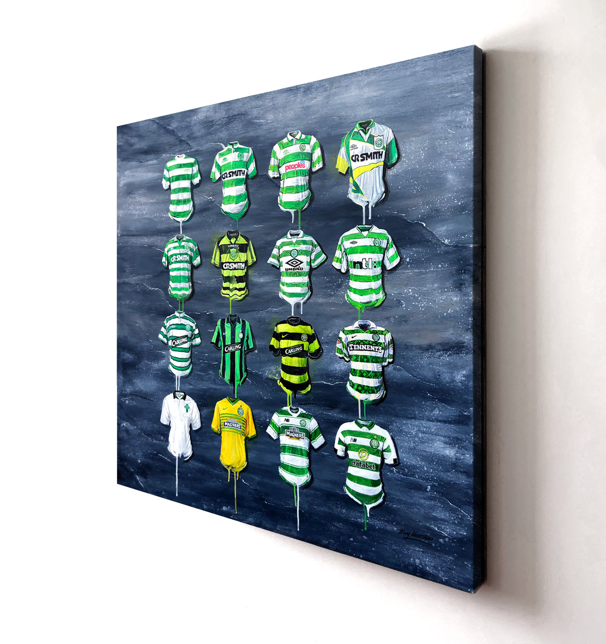 Celtic Canvases by Terry Kneeshaw come in various sizes, including 20x20, 30x30, and 40x40. Each canvas is available in either a framed or unframed black floating frame. The artwork features a captivating abstract composition with bold colors and textures that pay tribute to the legendary Celtic team. Perfect for any Celtic fan or football enthusiast, these canvases are a great addition to any room and are sure to impress with their unique style and energy.