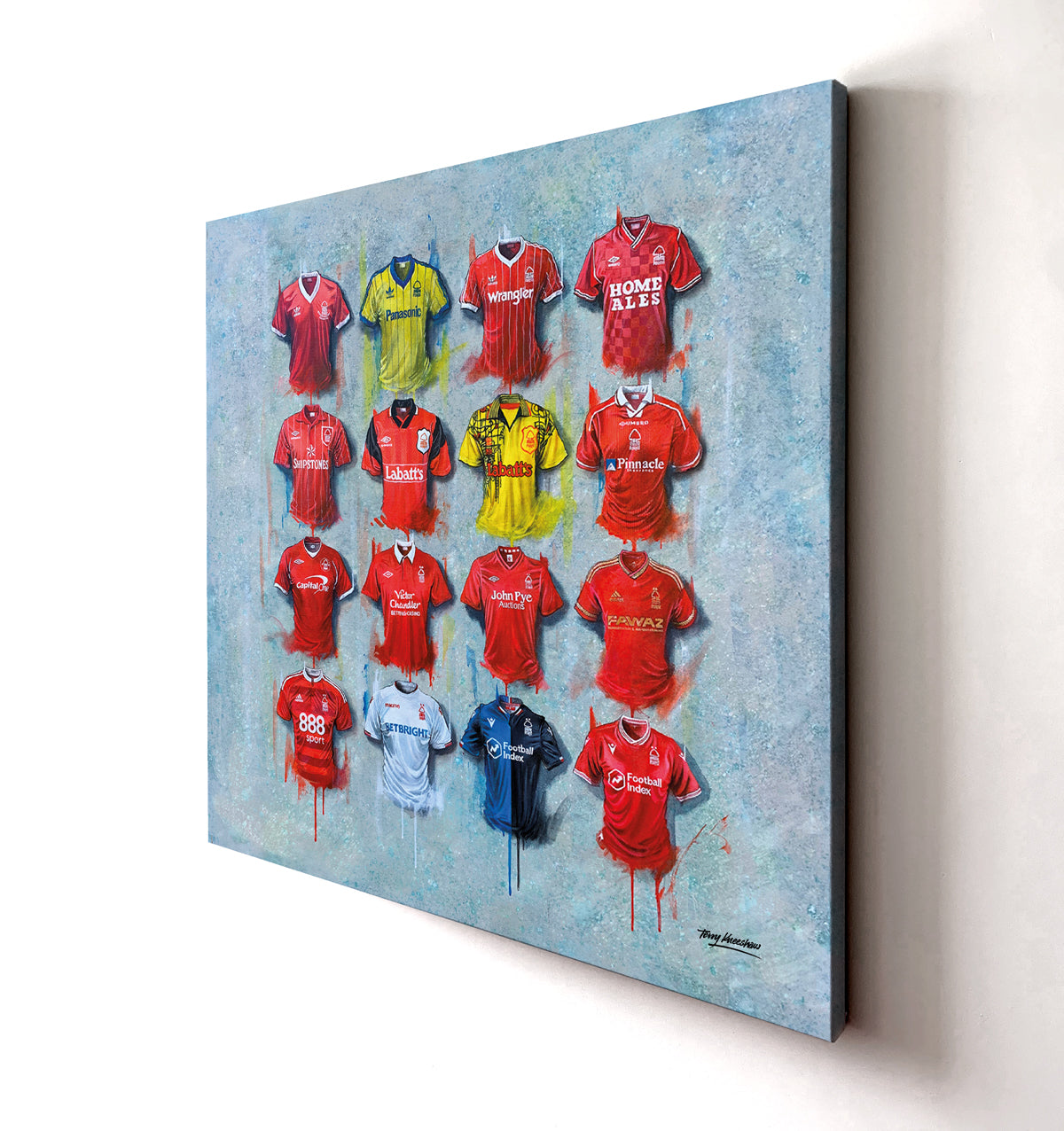 These Nottingham Forest canvases from Terry Kneeshaw are available in various sizes (20x20, 30x30 or 40x40) and framed or unframed in a black floating frame. The artwork features stunning images of the team and its players, perfect for any fan or collector. Add a touch of the Reds to your home or office decor with these high-quality canvases.