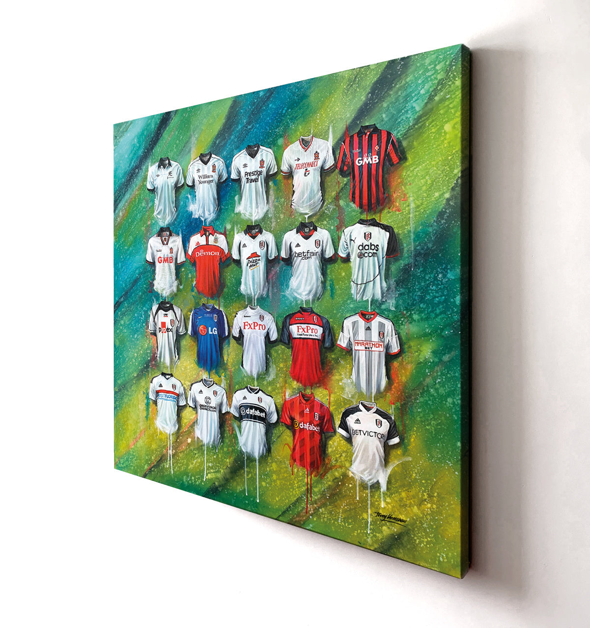 Terry Kneeshaw offers various sized canvas artwork of the Fulham team in his collection. The canvases are available in three sizes: 20x20, 30x30, and 40x40, with the option of framed or unframed black floating frame. The Fulham canvases showcase the team in action, with vivid colors and excellent detailing. They are perfect for die-hard fans looking to add a touch of their favorite team to their home or office decor.