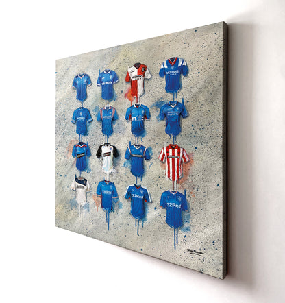 These Rangers canvases from Terry Kneeshaw are perfect for any Rangers fan. The collection features various sizes of artwork, including 20x20, 30x30, and 40x40 canvases, which can be framed or unframed with black floating frames. The artwork includes stunning images of the Rangers team, crest, and symbols. These canvases are sure to make a great addition to any Rangers fan's collection or as a gift for a friend or loved one who supports the team.
