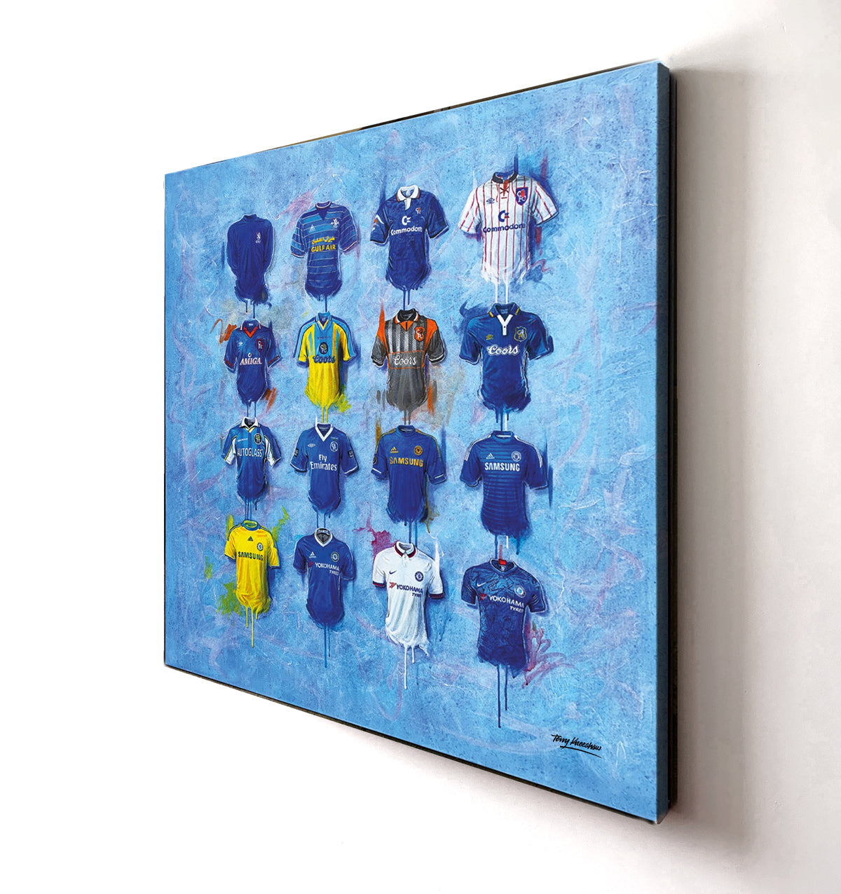 Chelsea Canvases by Terry Kneeshaw artworks that come in a variety of sizes, including 20x20, 30x30, and 40x40. Each canvas is available in a framed or unframed black floating frame. The artwork features a vibrant and dynamic abstract composition with a Chelsea theme, capturing the energy and excitement of the club. Ideal for any Chelsea fan or football lover, these canvases are a striking addition to any room and are sure to impress with their unique style and creativity.