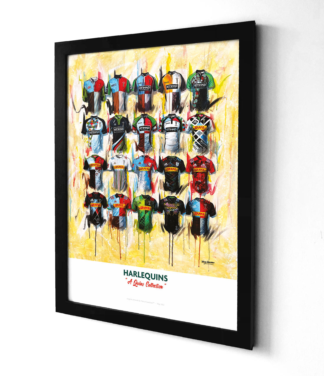 Artwork by Terry Kneeshaw depicting a collection of twenty iconic Harlequins rugby jerseys worn by the team's players throughout their history. The jerseys feature a variety of patterns and designs, with the Harlequins logo prominently displayed on the front. The artwork is a high-quality print of a hand-painted original, which uses textured brushstrokes to create a dynamic effect. 