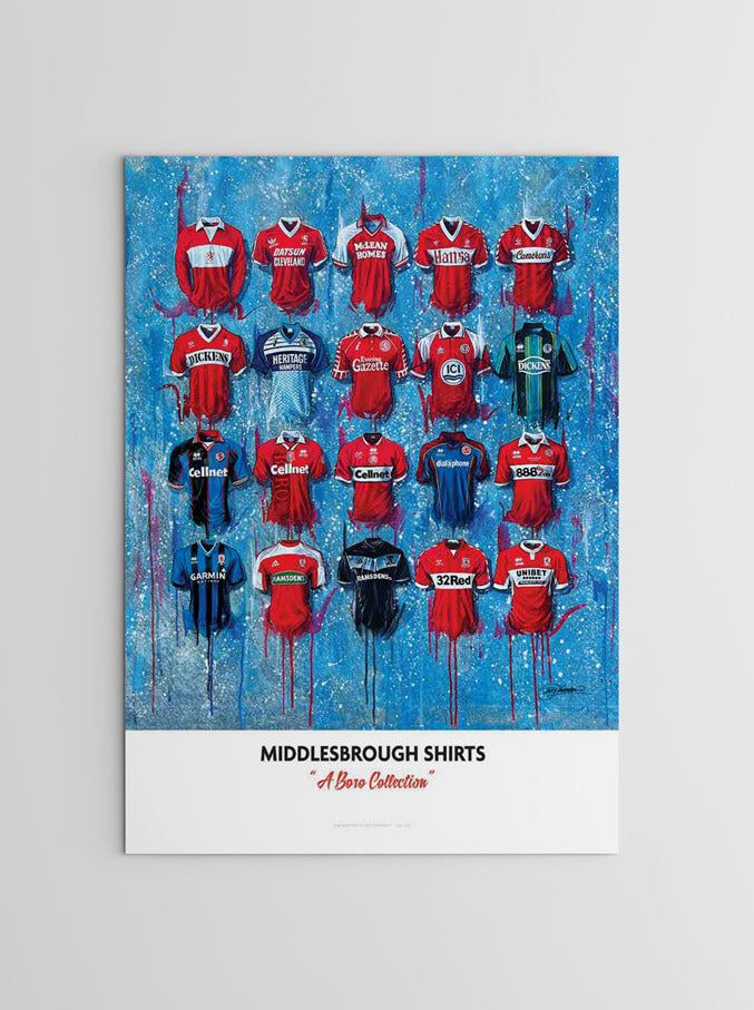 20 iconic jerseys A2 limited edition print could be: A limited edition A2 print featuring 20 iconic jerseys from Middlesbrough Football Club's history. The print showcases the team's evolution over the years, from their early days in the 1900s to their current kit design. The jerseys are arranged in a grid pattern, with each one featuring the club's crest and unique design elements. The print would be a great addition to any Middlesbrough fan's collection
