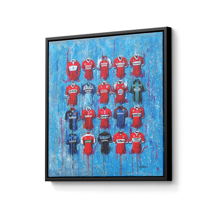 These Middlesbrough canvases from Terry Kneeshaw are available in various sizes (20x20, 30x30 or 40x40) and framed or unframed in a black floating frame. The artwork features stunning images of the team and its players, perfect for any fan or collector. Add a touch of Boro to your home or office decor with these high-quality canvases. The perfect gift for any Middlesbrough fan.