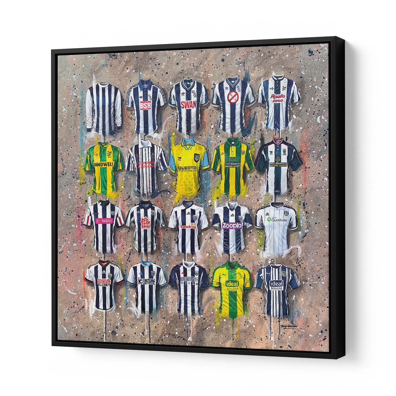 These West Brom Canvases by Terry Kneeshaw come in various sizes and styles, allowing you to choose from 20x20, 30x30, or 40x40 framed or unframed black floating frames. The artwork features images of the team in action and is perfect for any fan of West Brom. The canvases capture the energy and excitement of the sport and make a great addition to any room in the house, from the living room to the game room.