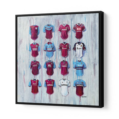 West Ham Canvases from Terry Kneeshaw are stunning pieces of artwork dedicated to the West Ham United football team. Available in various sizes, including 20x20, 30x30, and 40x40, customers can choose from framed or unframed options with a sleek black floating frame. The canvases showcase different West Ham United-related designs, making it an ideal addition for any die-hard West Ham United supporter's wall.