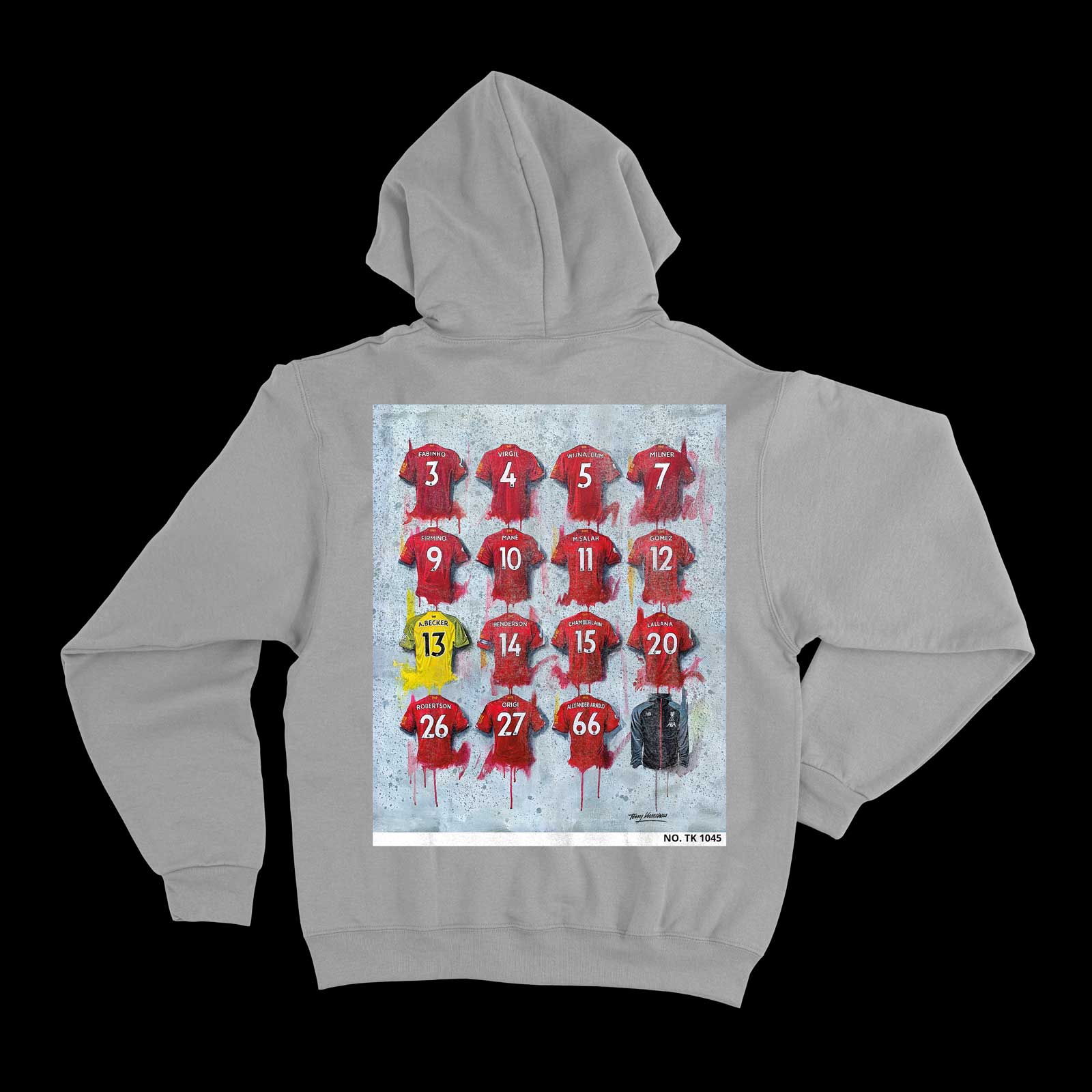 Individually numbered Liverpool Champions Hoodie from Terry Kneeshaw, blending art with fashion, made from soft 350 gsm fleece, available in black, grey, and sizes XS-5XL.