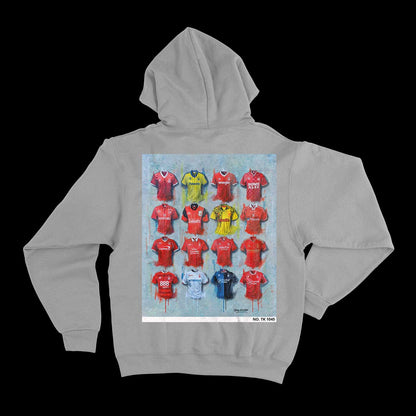 Individually numbered Notts Forest Hoodie from Terry Kneeshaw, blending art with fashion, made from soft 350 gsm fleece, available in Black, Heather Grey, and sizes XS-5XL.