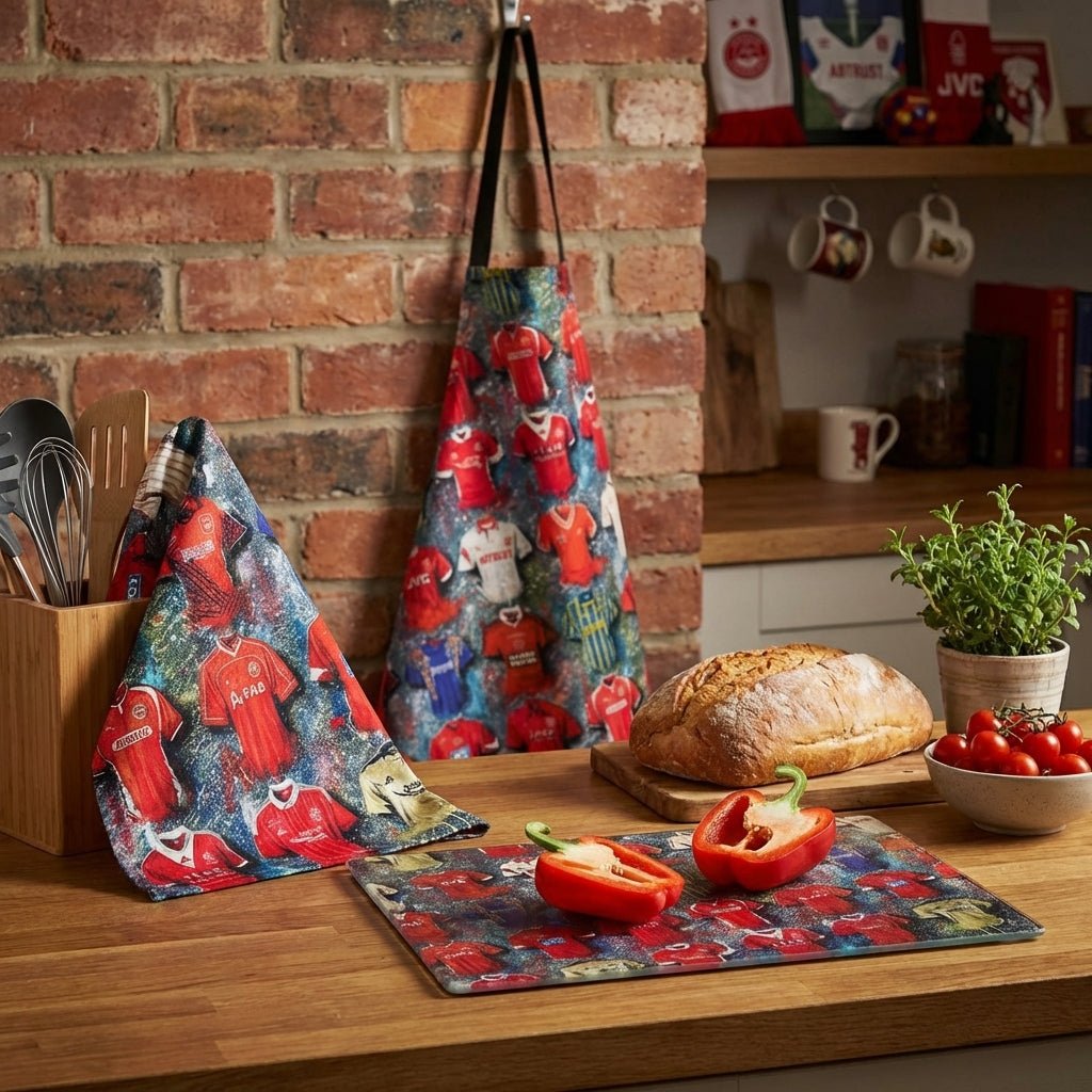 Aberdeen FC apron featuring iconic shirt artwork by Terry Kneeshaw, durable canvas BBQ and kitchen wear for fans