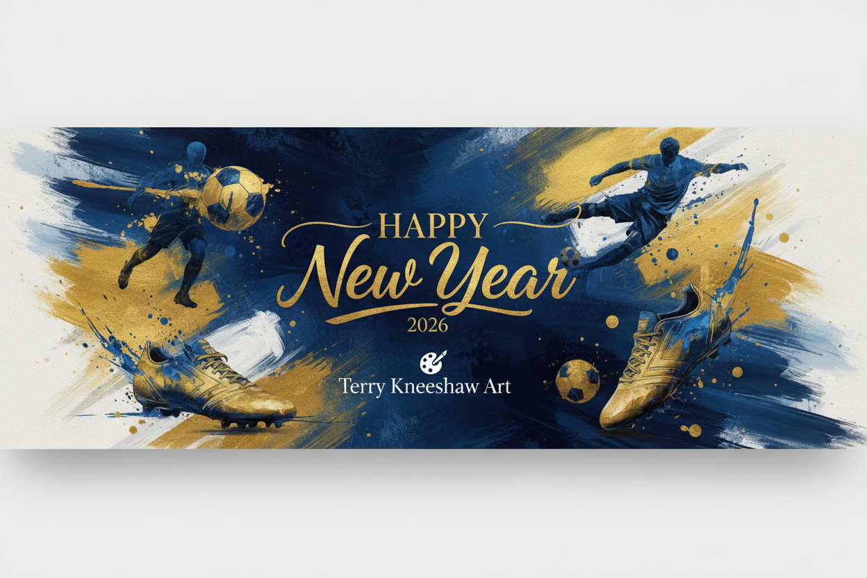 could you create a new year header for Terry Kneeshaw Art that includes a soccer art theme?