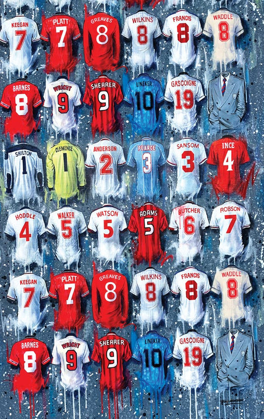 England 1966 - 2000 Football Shirts - Tea Towel - Terry Kneeshaw Art