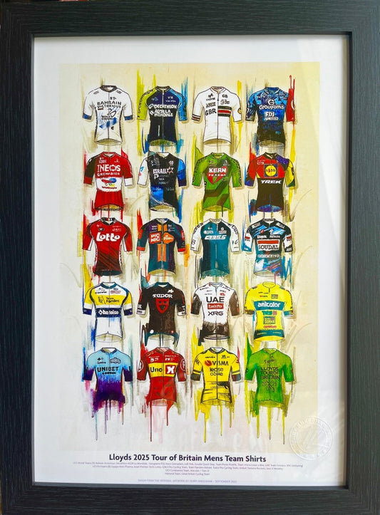 Lloyds Tour of Britain 2025 Cycling Shirts Framed A3 - Terry Kneeshaw Art