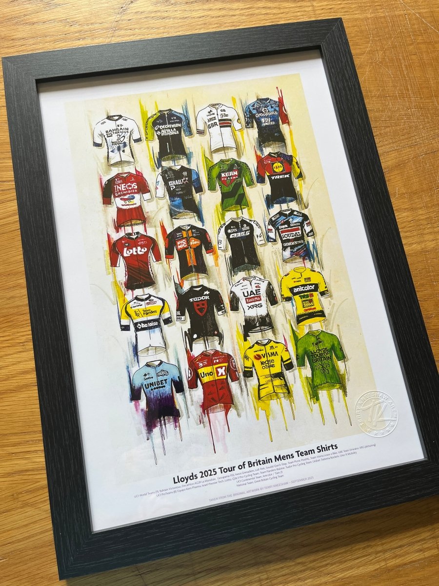 Lloyds Tour of Britain 2025 Cycling Shirts Framed A3 - Terry Kneeshaw Art