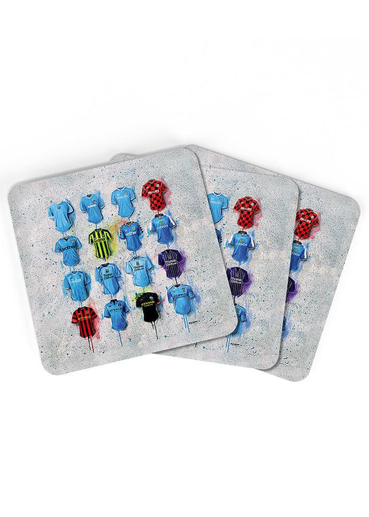 Man City FC Shirts - A Sky Blue Collection Coasters - Terry Kneeshaw Art