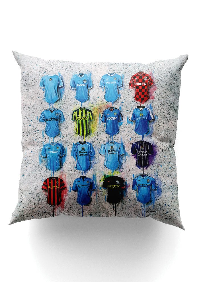 Man City Shirts - A Sky Blue Collection Cushion - Terry Kneeshaw Art