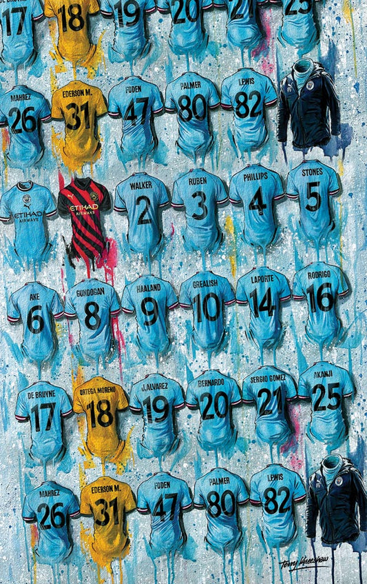 Man City Treble Winners Tea Towel - Terry Kneeshaw Art