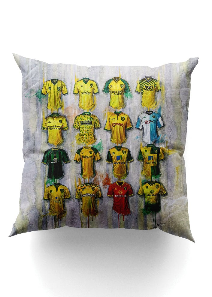 Norwich Shirts - A Canaries Collection Cushion - Terry Kneeshaw Art