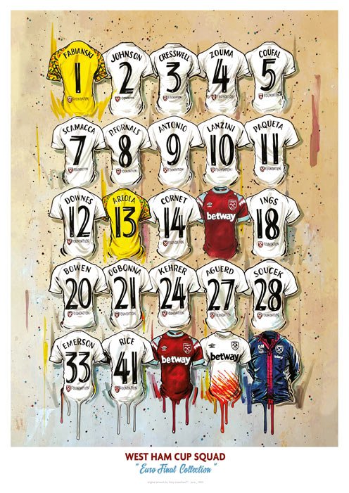 West Ham European Champions Squad Shirts A2 Signed Limited Edition Print - Terry Kneeshaw Art