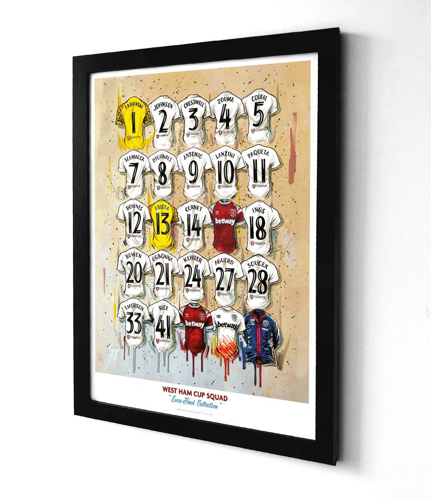 West Ham European Champions Squad Shirts A2 Signed Limited Edition Print - Terry Kneeshaw Art
