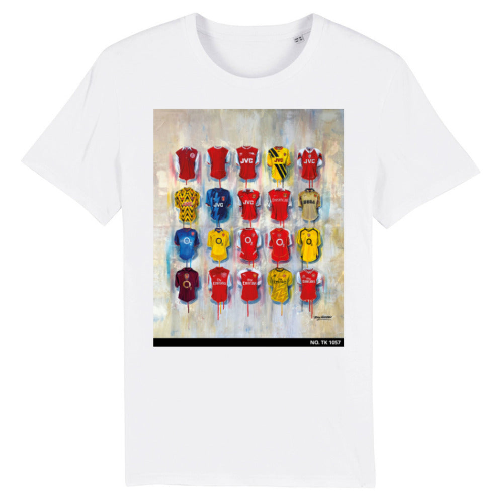 The Arsenal Gunners T Shirts from Terry Kneeshaw showcase his artistic flair for the famous football club. These one-off individually numbered T Shirts are available in sizes xxs - xxxl and come in either black or white. Featuring iconic Arsenal Gunners players, these T Shirts are the perfect way to show your support for the team. The T Shirts feature unique artwork from Kneeshaw and are a must-have for any true Arsenal fan.