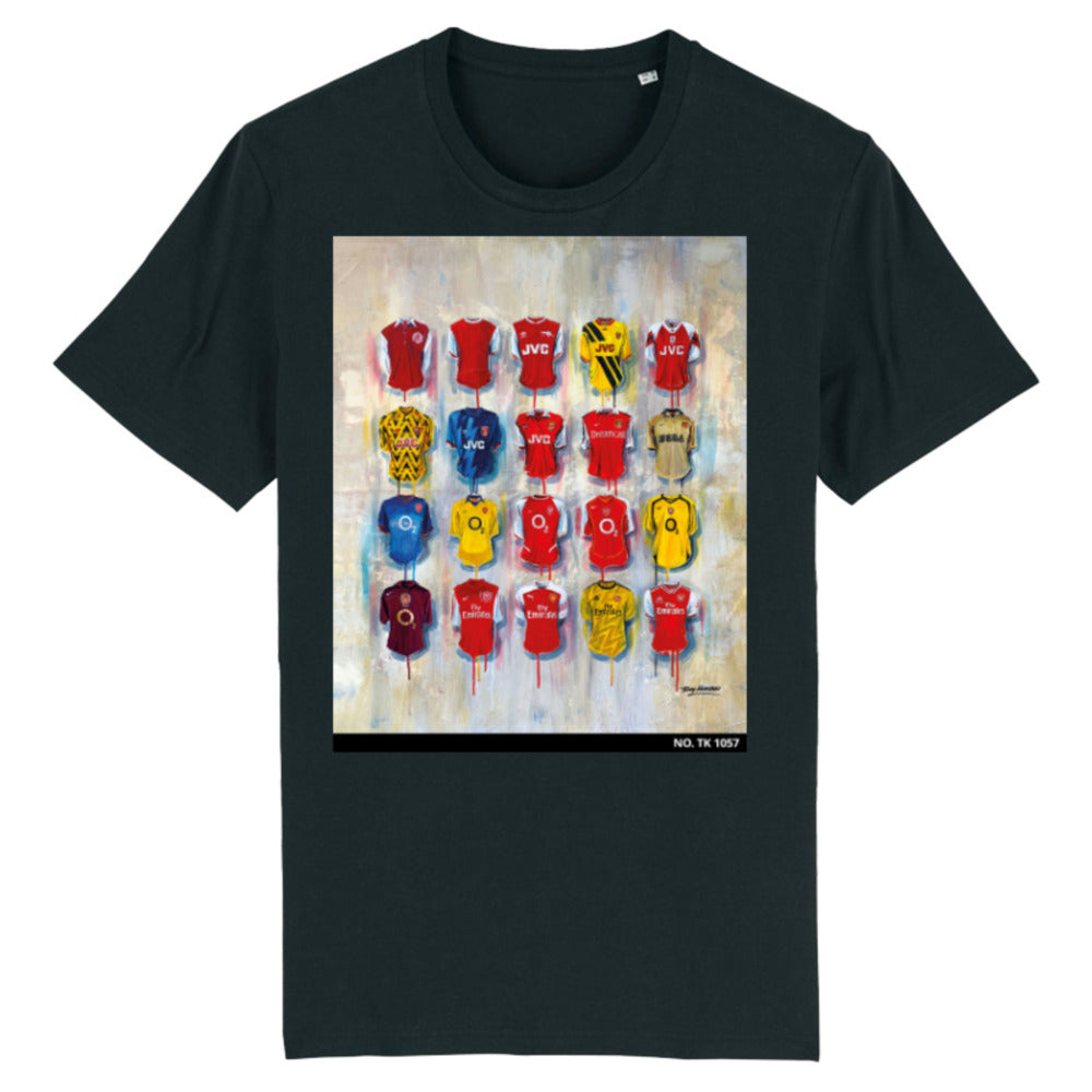 The Arsenal Gunners T Shirts from Terry Kneeshaw showcase his artistic flair for the famous football club. These one-off individually numbered T Shirts are available in sizes xxs - xxxl and come in either black or white. Featuring iconic Arsenal Gunners players, these T Shirts are the perfect way to show your support for the team. The T Shirts feature unique artwork from Kneeshaw and are a must-have for any true Arsenal fan.