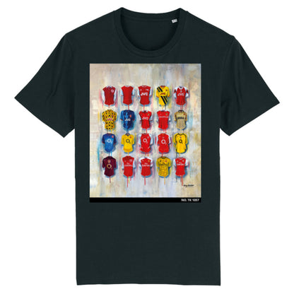 The Arsenal Gunners T Shirts from Terry Kneeshaw showcase his artistic flair for the famous football club. These one-off individually numbered T Shirts are available in sizes xxs - xxxl and come in either black or white. Featuring iconic Arsenal Gunners players, these T Shirts are the perfect way to show your support for the team. The T Shirts feature unique artwork from Kneeshaw and are a must-have for any true Arsenal fan.