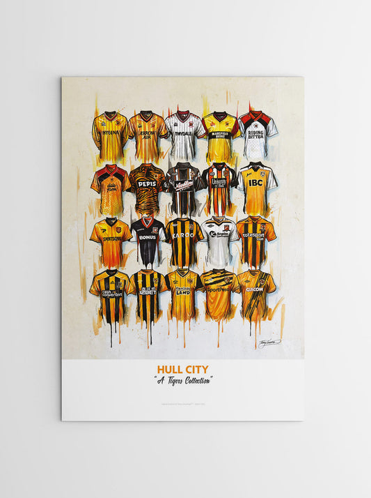 An A2 limited edition print by Terry Kneeshaw depicting 20 iconic Hull City jerseys. The jerseys are displayed on a plain white background and feature various home and away designs from different seasons. The artwork is a high-quality print of a hand-painted original and uses textured brushstrokes to create a dynamic effect. The print is available in both framed and unframed versions.