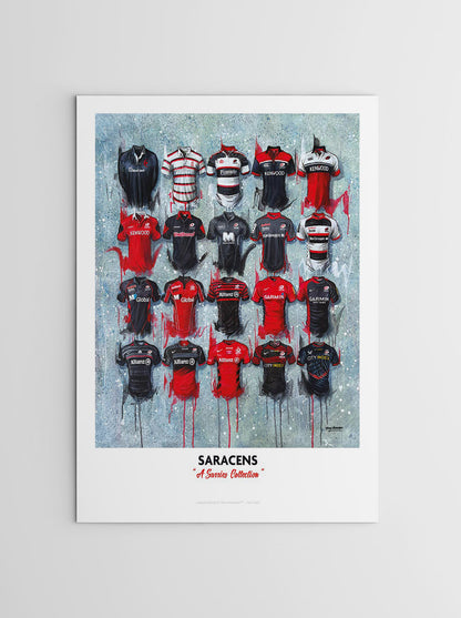 A limited edition A2 print by artist Terry Kneeshaw, featuring 20 iconic jerseys from the Saracens Rugby team's history. The jerseys are arranged in a symmetrical grid pattern and are labelled with the corresponding year and design. The artwork has a vintage feel, with muted colours and a slightly distressed texture. Perfect for any Saracens fan.